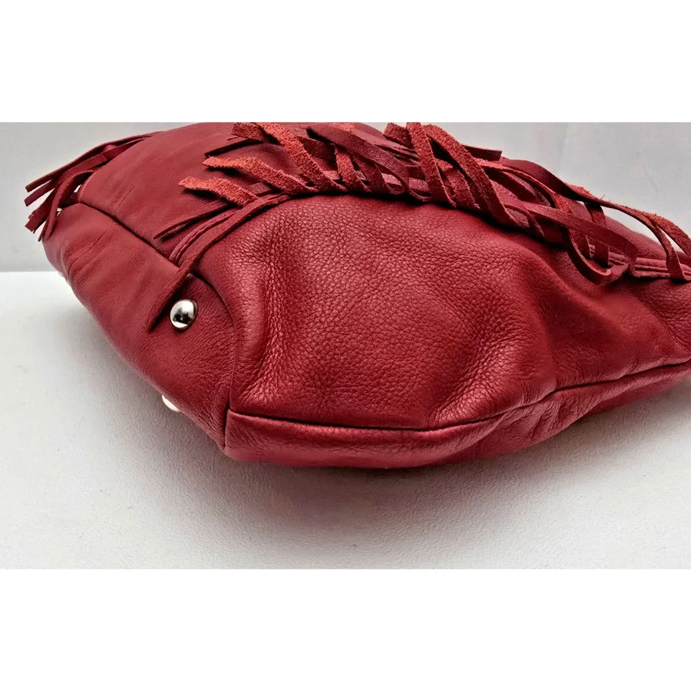 B. Makowsky Red Hobo Handbag Fringe Genuine Leather Pebbled Large